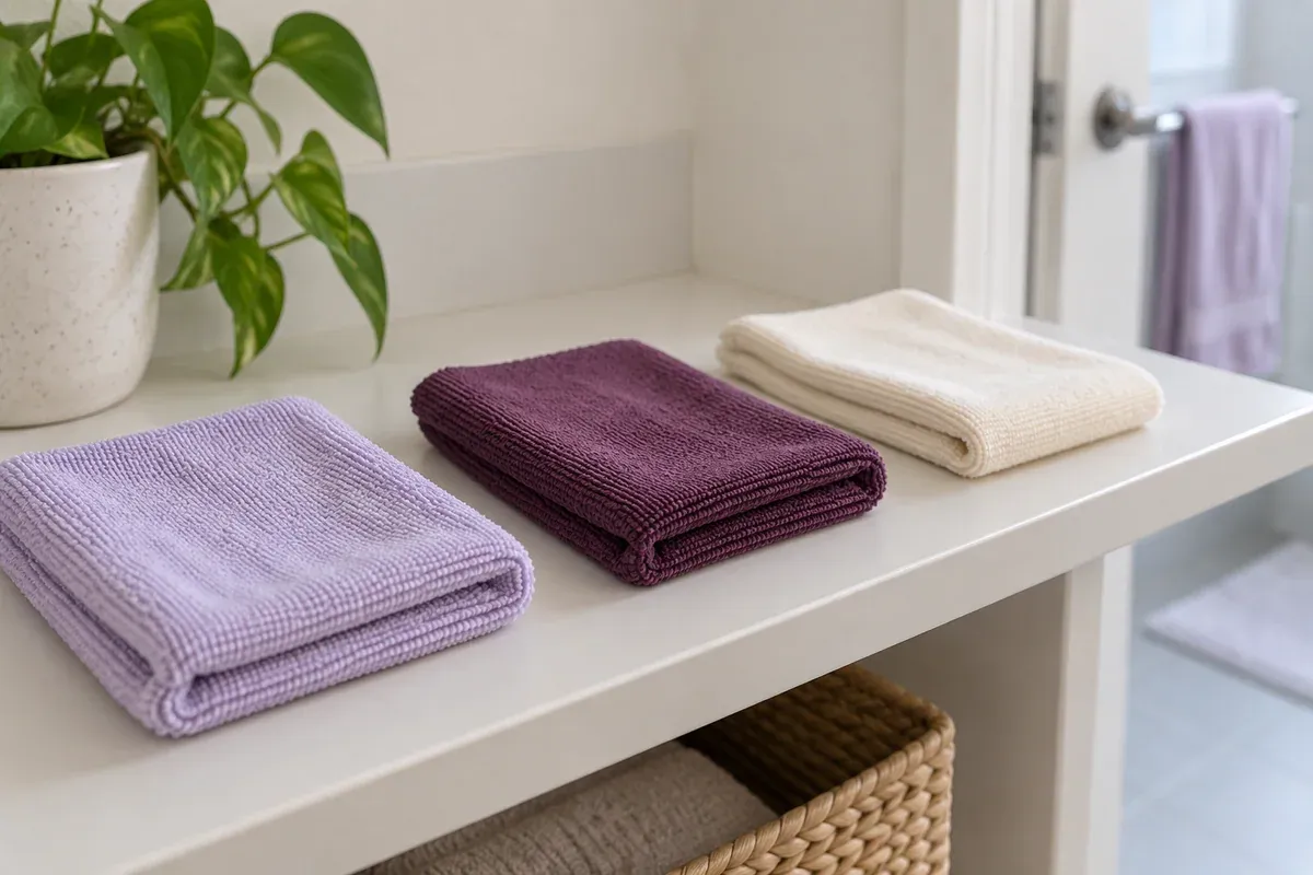 Three differently coloured microfibre cloths kept separately on a shelf.