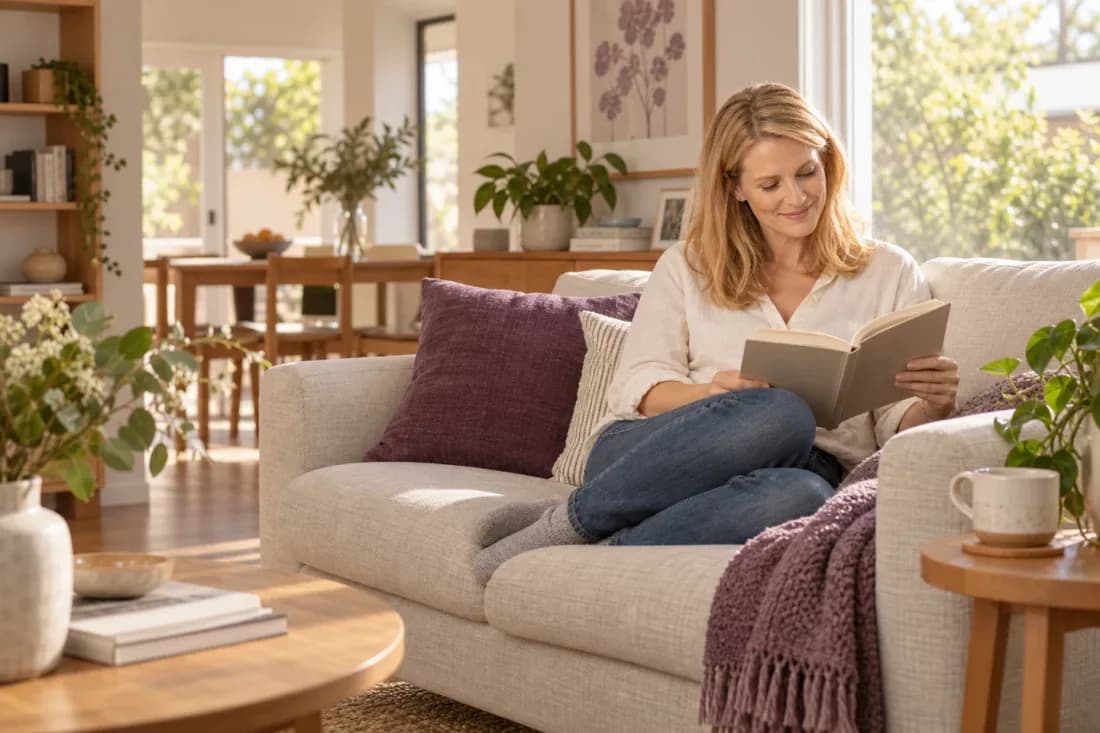 A woman settling into a book on the sofa at home.