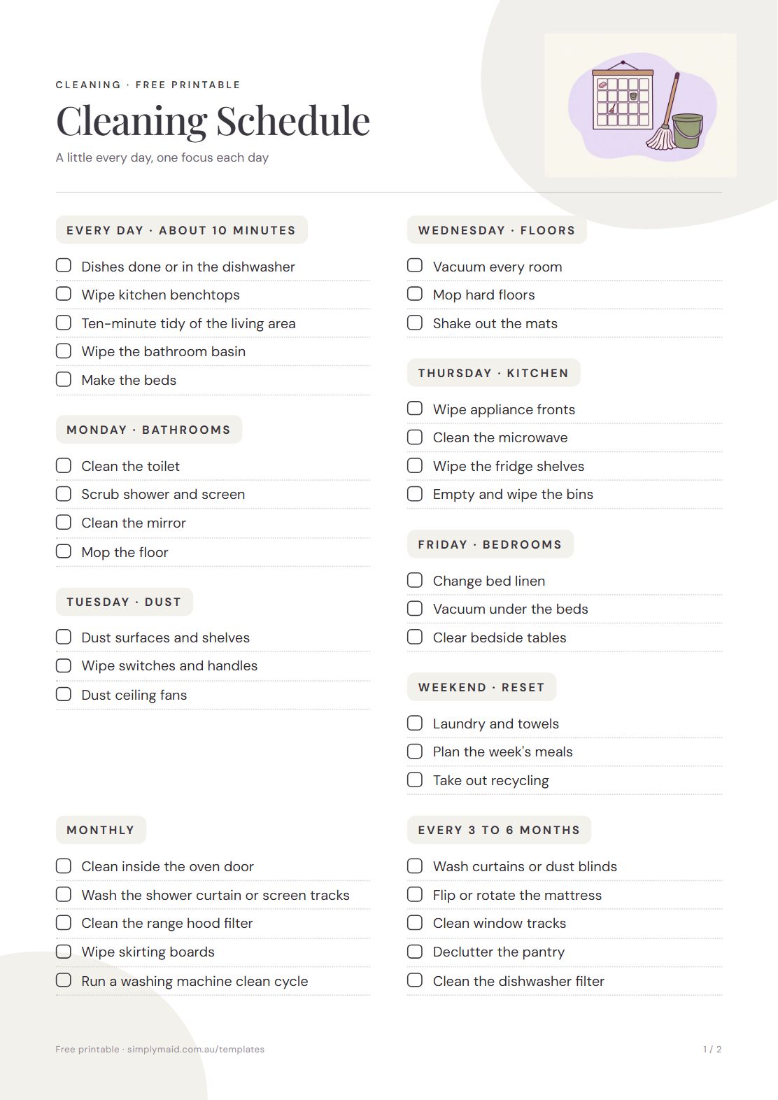 Weekly Cleaning Schedule, page 1 of 2 (Neutral)