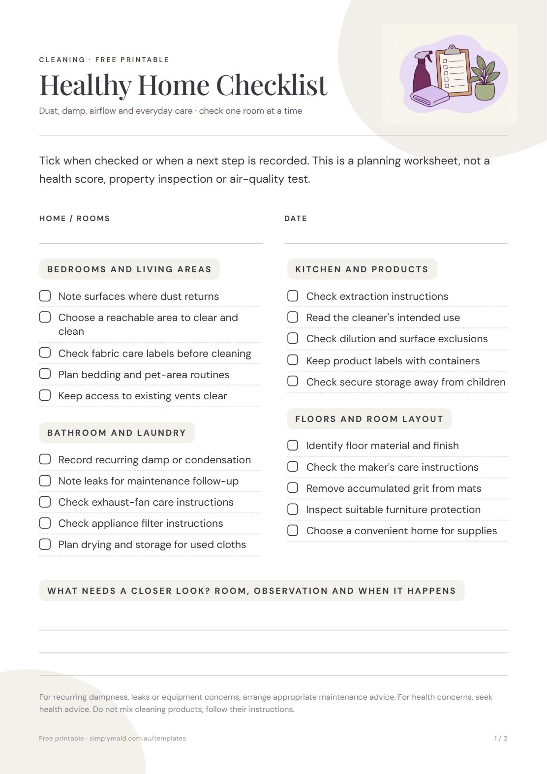 Healthy Home Checklist, page 1 of 2 (Neutral)
