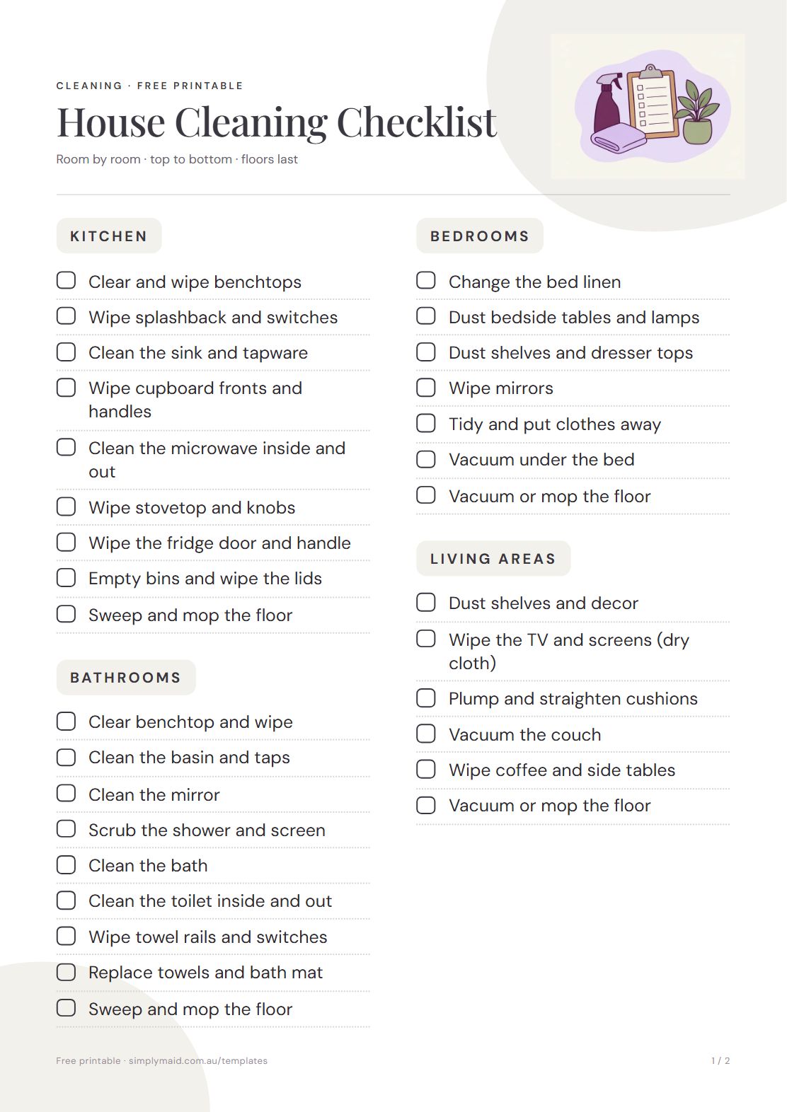 House Cleaning Checklist, page 1 of 2 (Neutral)