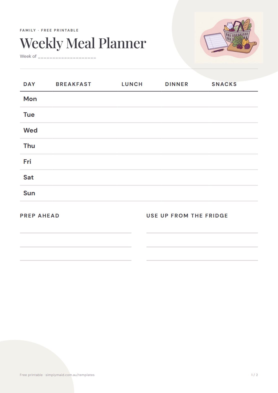 Weekly Meal Planner and Grocery List, page 1 of 2 (Neutral)