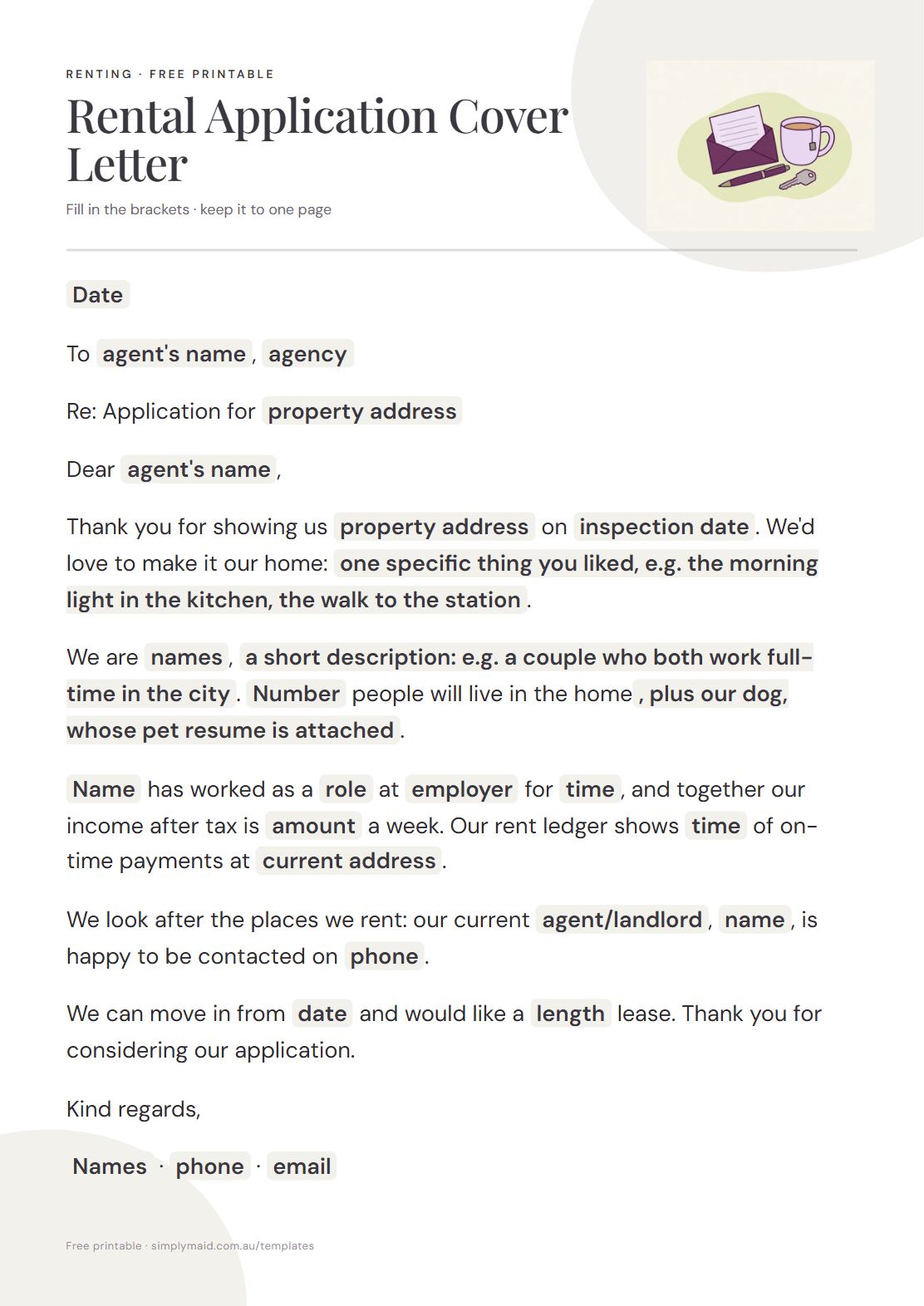 Rental Application Cover Letter, page 1 of 1 (Neutral)